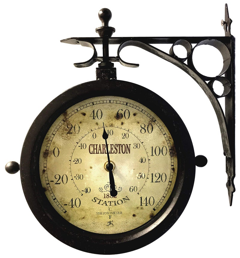 Infinity Instruments Charelston Metal Outdoor Clock, Waterproof Double Sided Train Station Clock & Thermometer - Image 2